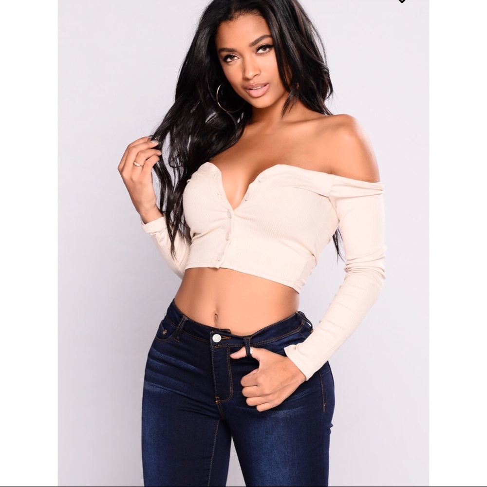 Beige off the shoulder crop top